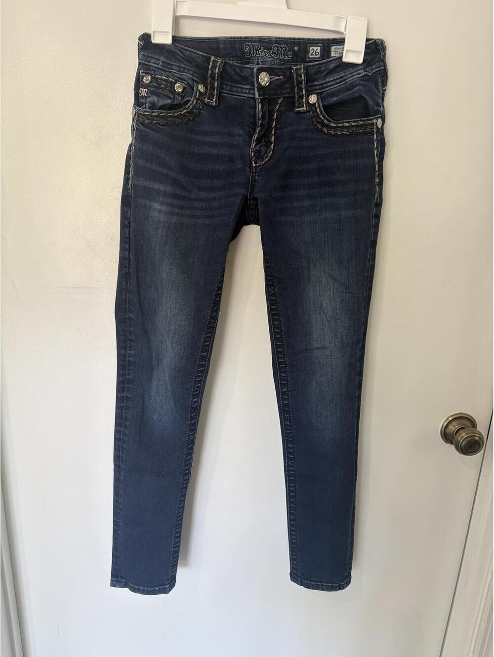 Miss Me Mid-Rise Skinny Jeans Size 26 Dark Wash Embellished Stitch Detail